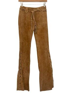 Vintage Arden B Suede Flared Snap Leg Low Rise Pants Fringed Belt Boho Western